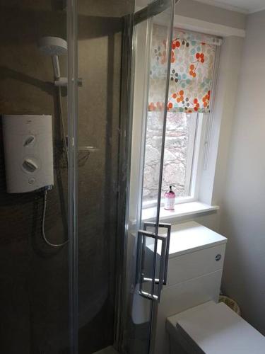 a shower in a bathroom with a toilet and a window at Applegrove, perfect 2 bed bungalow, Fortrose in Fortrose