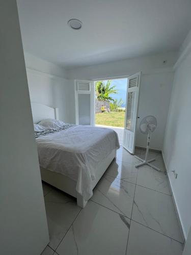 a white bedroom with a bed and a window at Villa C in Vieux-Habitants