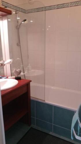 une salle de bain avec douche et lavabo dans l'établissement T2 Pornichet 4 pers 50m plage, à Pornichet