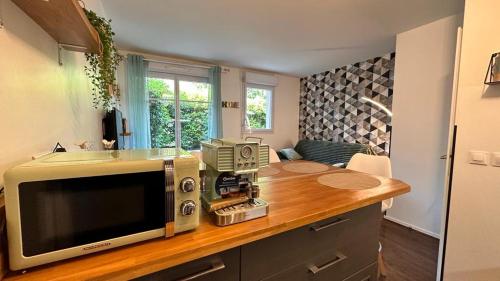 a kitchen with a counter top with a microwave at Appartement T2 Rez de jardin - Disneyland Paris 6 min in Bussy-Saint-Georges