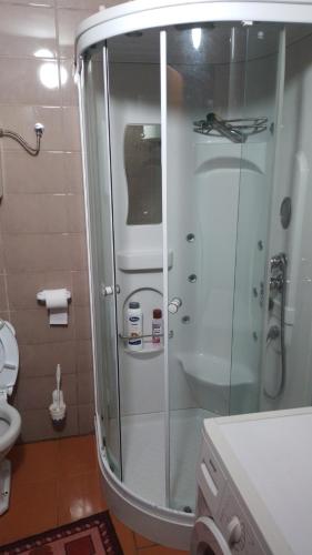 特雷比涅的住宿－Red Apartman，一间带卫生间的浴室内的玻璃淋浴间