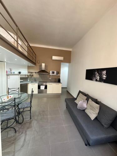 un salon avec un canapé et une table en verre dans l'établissement Charmant studio centre ville Cannes, à Cannes