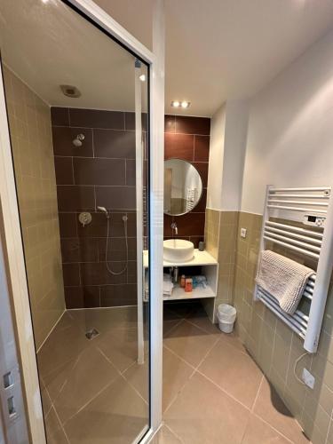 une salle de bain avec douche et lavabo dans l'établissement Charmant studio centre ville Cannes, à Cannes