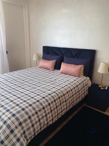 ein Schlafzimmer mit einem Bett mit zwei rosa Kissen in der Unterkunft cozy appartement with swimming pool in Agadir
