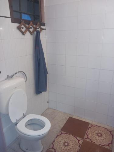 een badkamer met een toilet en een blauwe handdoek bij appartamento di Domenico 