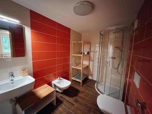 a bathroom with a shower and a sink and a toilet at Apartments Mala Korita Soče in Soča