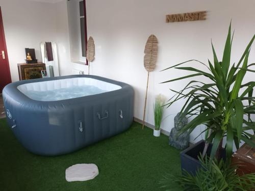 una grande vasca blu in una stanza con piante di Gîte Zen a Carnoules