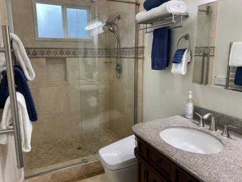 a bathroom with a shower and a sink and a toilet at Hillside view with hot tub too in Arroyo Grande