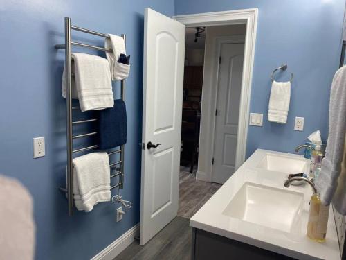 a bathroom with a sink and a blue wall at Hillside view with hot tub too in Arroyo Grande