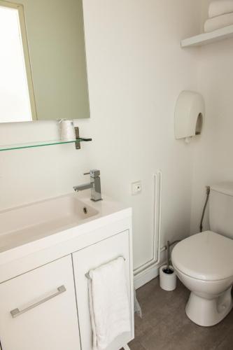 a white bathroom with a toilet and a sink at Le Relais Des Templiers in Beaugency