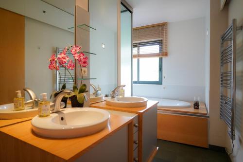 奧賽的住宿－Maison contemporaine au coeur de Paris-Saclay，浴室设有2个水槽和2面镜子