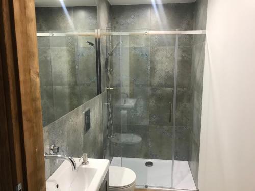 a bathroom with a shower and a sink and a toilet at Apartamenty MOGADOR in Szczytna