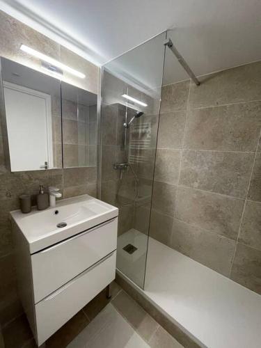 une salle de bain avec une douche et un lavabo et une cabine de douche en verre dans l'établissement La Gaillardine T2+mezzanine 35m2, à Roquebrune-sur Argens