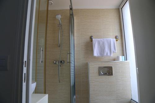 W łazience znajduje się prysznic ze szklanymi drzwiami. w obiekcie Hôtel Princesse Isabelle w mieście Puteaux