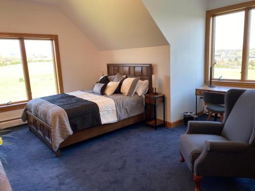 1 Schlafzimmer mit einem Bett, einem Schreibtisch und 2 Fenstern in der Unterkunft Chestnuthill Countryside Manor in Effort