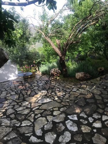 a patio with a table and chairs and a tree at Gourgiana Apartments in Andritsaina