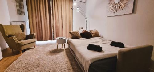 een slaapkamer met een bed en een stoel erin bij Asboth Downtown Apartment in Boedapest