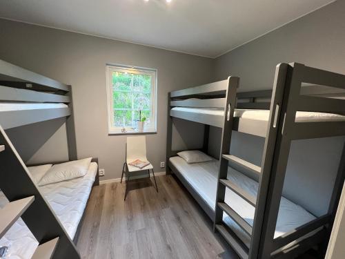 コールモーデンにあるVilla sjöviken 24の二段ベッド4台、窓が備わる客室です。