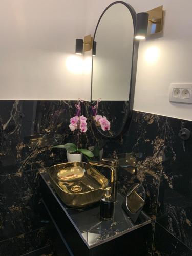 ein Badezimmer mit einem goldenen Waschbecken und einem Spiegel in der Unterkunft Villa Nika 3 in Ika