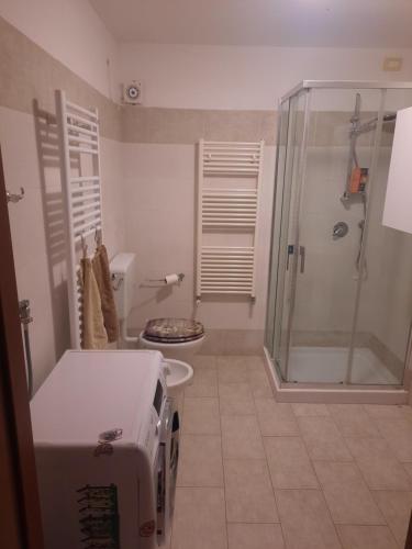 ein Bad mit einer Dusche und einem WC in der Unterkunft Bilocale a 15 min da Alassio e Albenga in Ranzo-Borgo