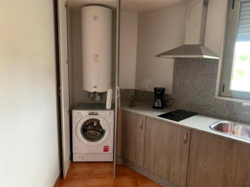 a kitchen with a washing machine and a sink at Casa Tía María in Villanueva de Arosa