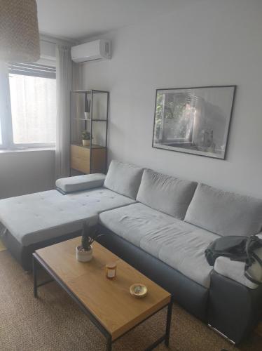 a living room with a couch and a coffee table at Astralis Factory Apartments- Max in Zagreb