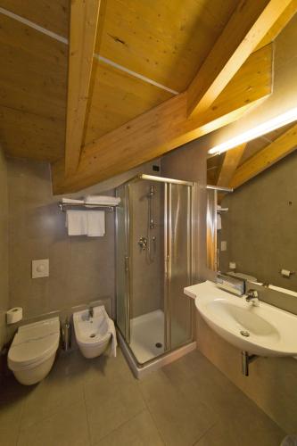 a bathroom with a shower and a toilet and a sink at Hotel Smeraldo in Sirmione