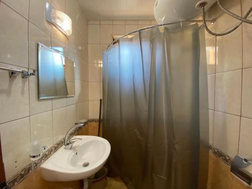 een badkamer met een douchegordijn en een wastafel bij AMADEUS XV 44 Studio Sunny Beach Centum in Sunny Beach