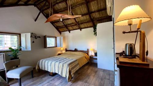 a bedroom with a bed and a desk and a chair at Ruda Lodge Exclusive Bed & Breakfast in General Rodríguez
