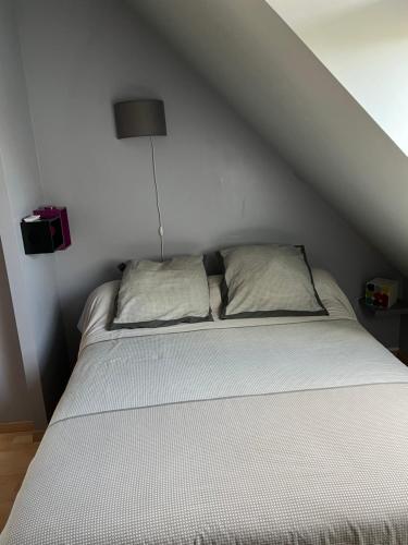 1 cama blanca con 2 almohadas en una habitación en Chambre, en Roézé-sur-Sarthe