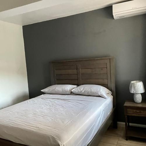 a bedroom with a bed with two pillows at Travellers Villa in Roseau