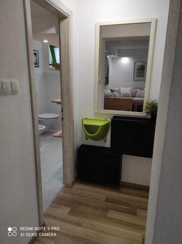 een badkamer met een groene wastafel en een spiegel bij Suite4you in Pirovac
