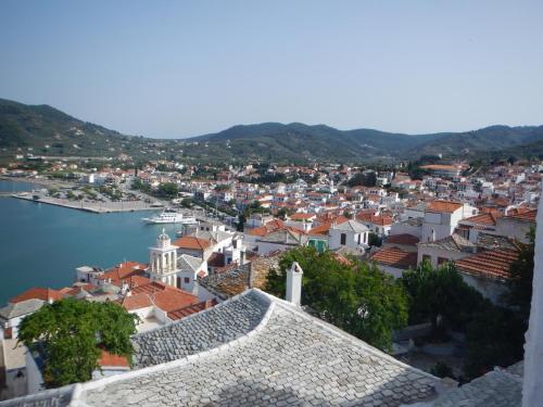a view of a town with water and buildings at RODON Luxury Villas in Skopelos Town