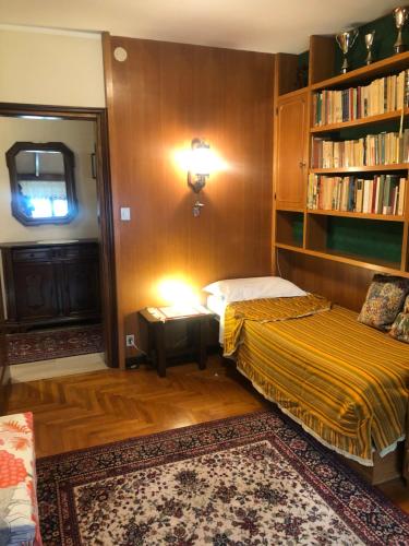 a bedroom with two beds and a book shelf at Appartamento con vista panoramica in Saint Vincent