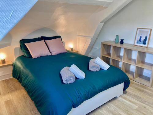 a bedroom with a large blue bed with two pillows at F2 Le City Parking Netflix Wifi Gare in Évreux