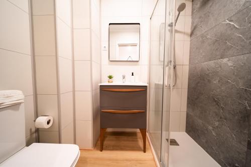 een badkamer met een wastafel en een douche bij Acogedor apartamento en centro histórico Malaga in Málaga