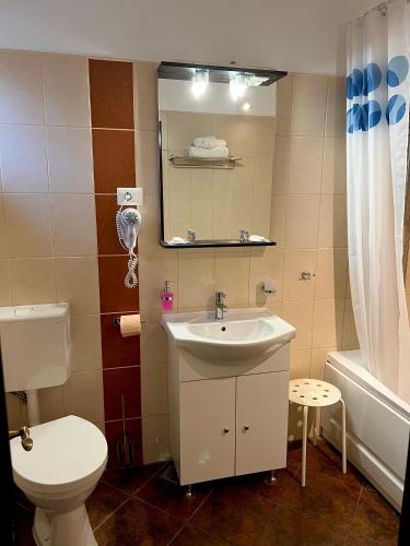 a bathroom with a sink and a toilet and a mirror at Casa Servus in Mamaia Sat/Năvodari