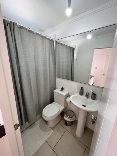 a bathroom with a toilet and a sink at Casa nueva en Pucón in Pucón