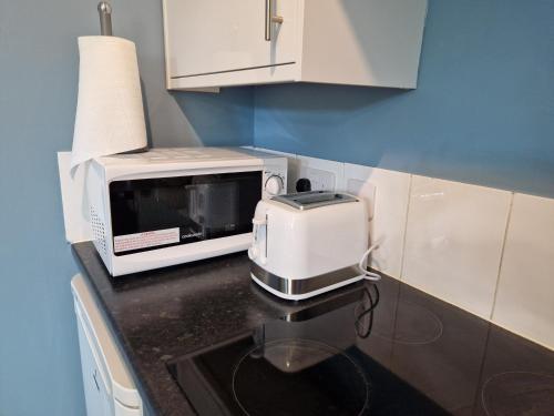 eine Mikrowelle auf einer Küchentheke in der Unterkunft Chique Maidstone Studio II in Kent