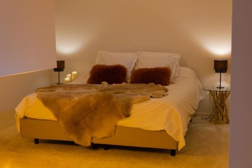a bed with a blanket and pillows on it at Chez Blanche in Waterloo