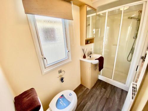 a bathroom with a shower and a toilet and a sink at Modern 6 Berth Caravan At Highfield Grange Near Clacton-on-sea Ref 26302e in Clacton-on-Sea