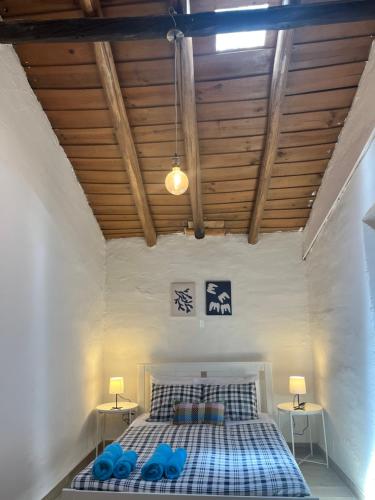 Un dormitorio con una cama con sábanas azules y techos de madera. en Zena Houses, en Beja