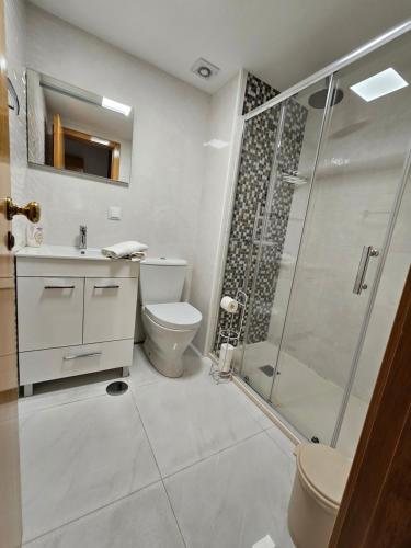 a bathroom with a toilet sink and a shower at Ilheus 1 in Funchal