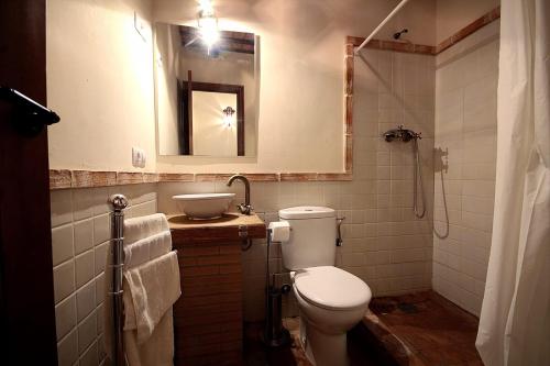 een badkamer met een toilet, een wastafel en een spiegel bij Alojamiento rural la fábrica de palos in Cazalla de la Sierra