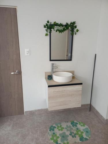 a bathroom with a sink and a mirror at Casa Blanca in Reynosa