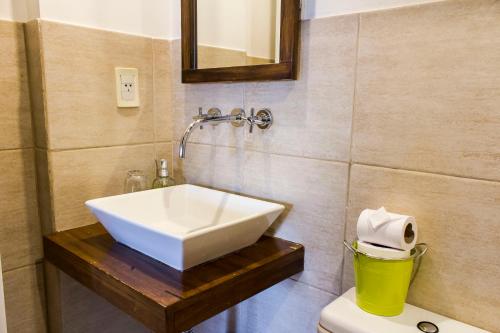 La salle de bains est pourvue d'un lavabo et de toilettes. dans l'établissement Alto Labrador Apartment, à El Calafate