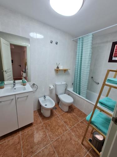 La salle de bains est pourvue de toilettes, d'un lavabo et d'une échelle. dans l'établissement BAHIA AZUL, à Caleta de Fuste