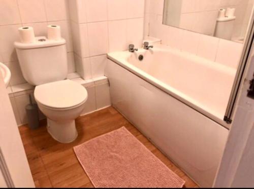 a bathroom with a toilet and a tub and a sink at Privite 2 bedrooms flat Canada Water in London