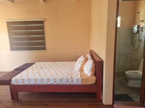 a bedroom with a bed and a shower and a toilet at Ana-as Apartelle (GGL) in Panglao Island