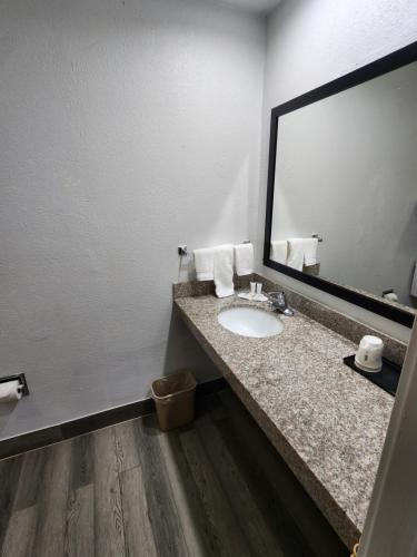 a bathroom with a sink and a large mirror at Super 8 by Wyndham Shreveport in Shreveport